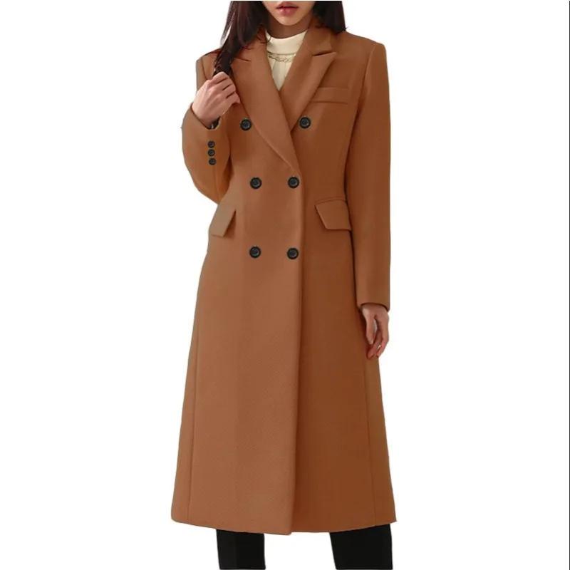 Autumn Winter Warm Large Coat Women Vintage Cardigan Double Breasted Woolen Coat Women Long Sleeve Turn-down Collar Woolen Coat