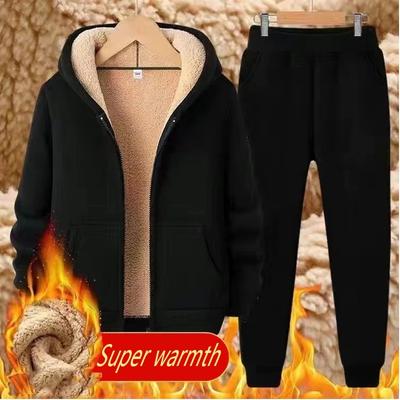 2 Pcs/Set Men Coat Pants Suit Hooded Thick Soft Plush Hooded Elastic Waist Long Sleeve Solid Color Pockets Zipper Closure Warm Fall Winter Tracksuit