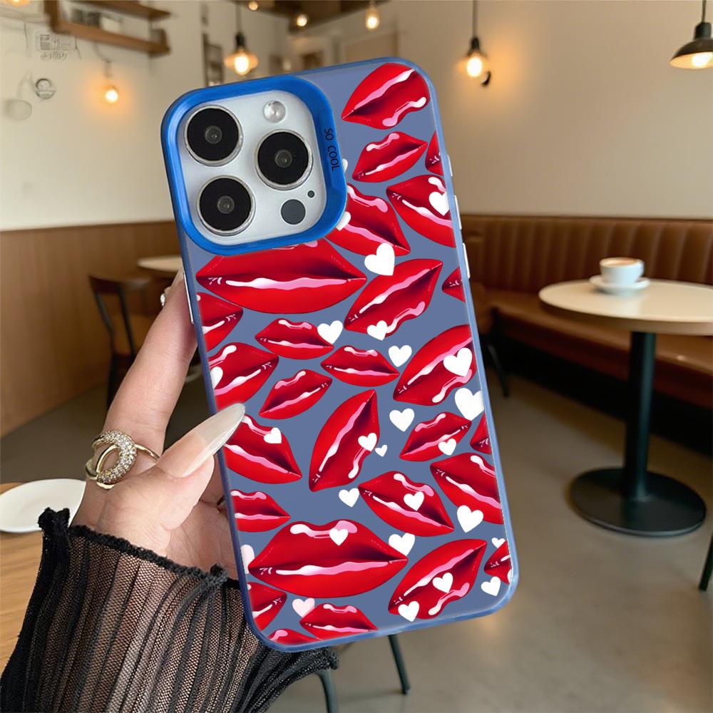 Red Lips with Heart Accents Hard Phone Case for Iphone 16 15 14 13 12 11 Pro Max Mini Shockproof Anti-Scratch Protective Cover