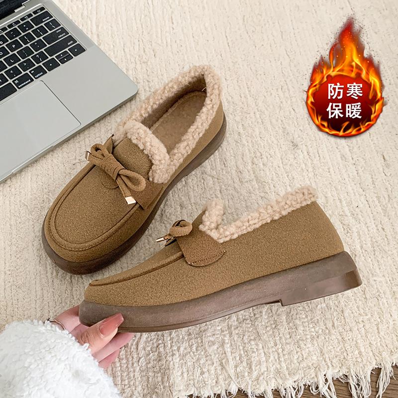 Damen Winter Freizeitschuhe Neue Mokassins Weiche Flache Rutschfeste Slipper Mode Komfort Warm Plüsch Schleife Slip-on Damen Baumwollschuhe 41