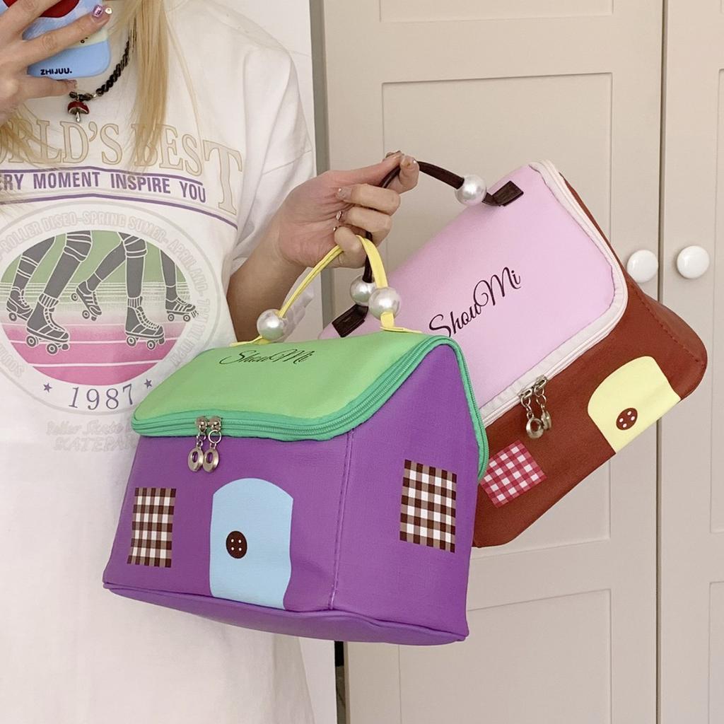 New Cute Dopamine Color Small House Portable Travel Portable Large Capacity Cartoon Storage Bag Cosmetic Bag