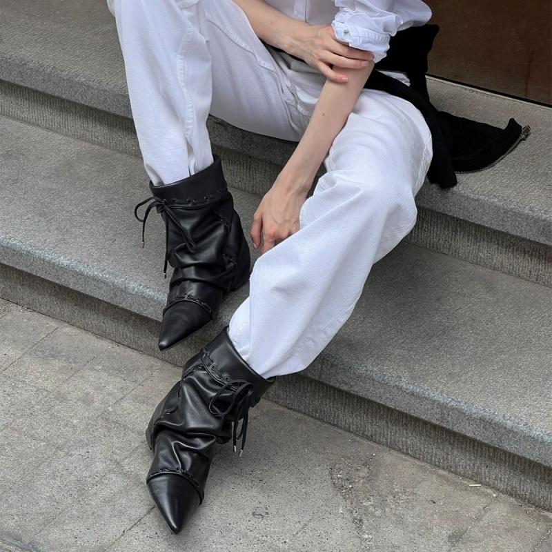 Fashion Wrinkle Style Women's Ankle Boots Pointed Toe Flat Cross-tied Femme Short Boots Winter New Retro Niche Lady Western Cowboy Boots