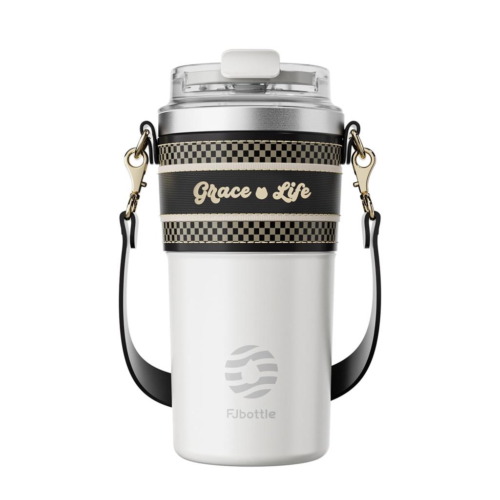 FJbottle 500ml Vacuum Insulated Mug Bottle with Strap, Direct Drinking, Keeps Hot or Cold, Easy To Clean, Wide Mouth Stainless Steel Bottle with