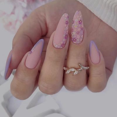 Cute and Sweet Almond Nail Frosted Floral Fake Nails European and American Gentle Less Ins Style Fashion Manicure