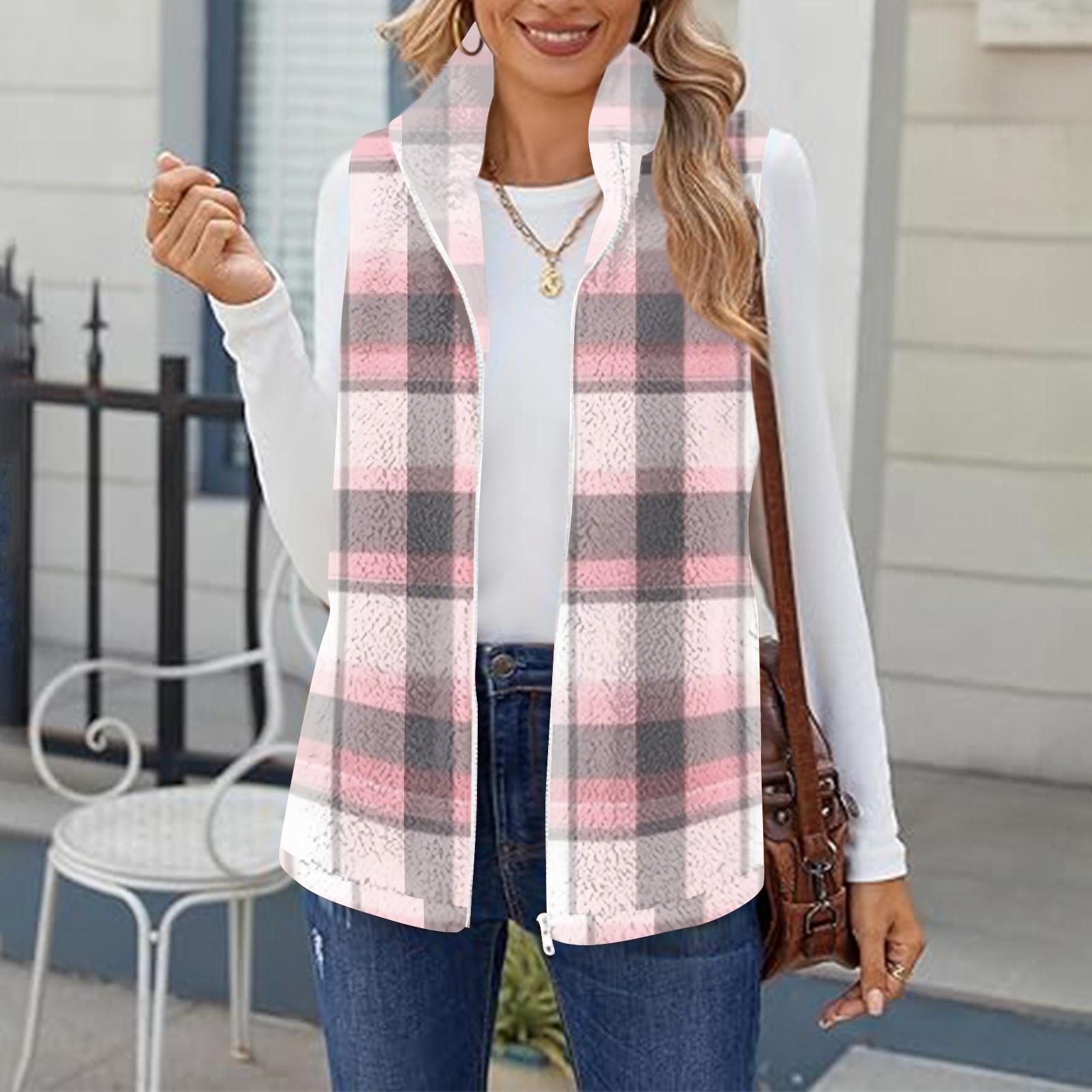 Женский модный и теплый флисовый кардиган-жилет с клетчатым принтом XXL