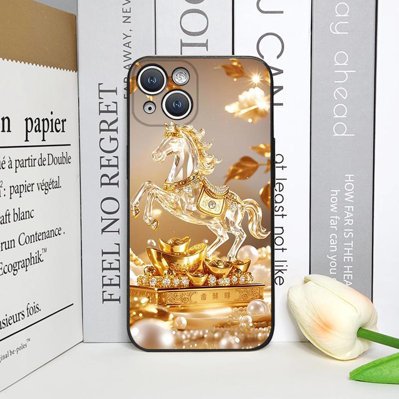 Luxury Crystal Golden Horse Pattern Phone Case for IPhone 17 16 12 11 14 Plus 13 15 Pro Max Mini X XS XR Shockproof Soft Covers
