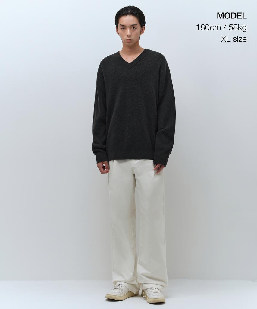 MUSINSA STANDARD [Victoria Wool] Minimal Ribbed V-Neck Knit [Dark Gray]