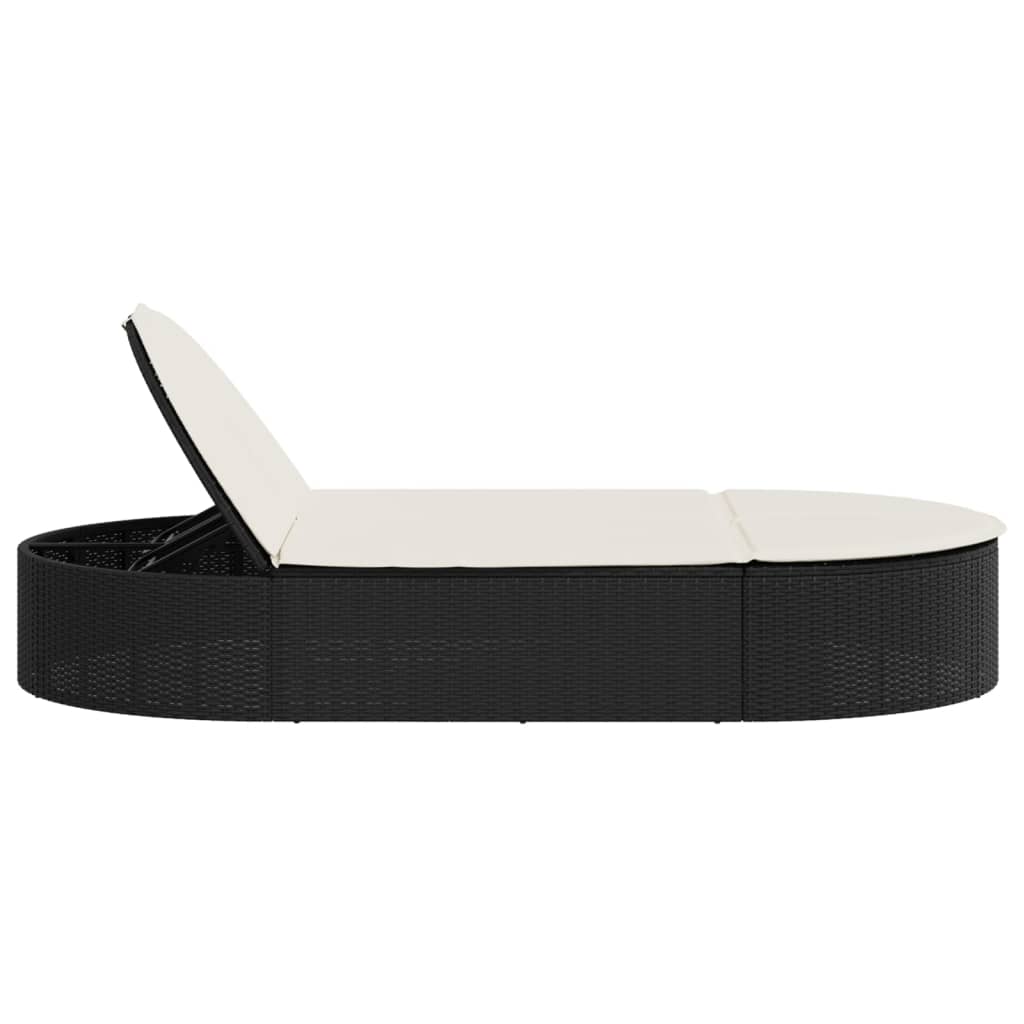 Double Sun Lounger with Cushions Black Poly Rattan