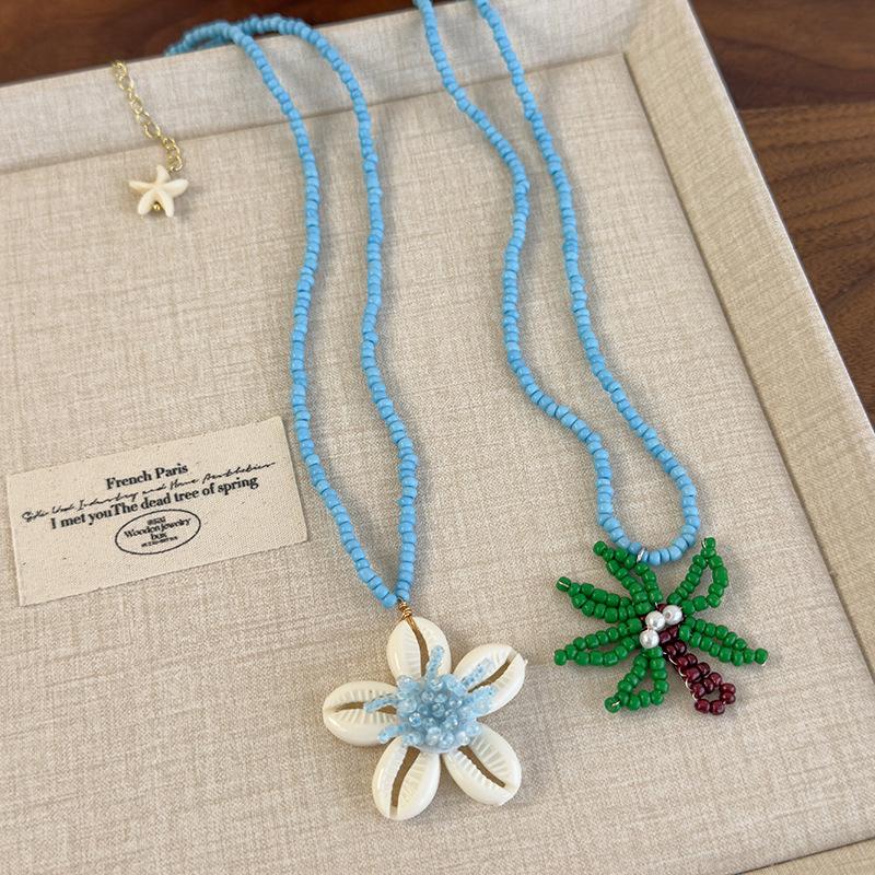 Summer Beaded Flowers Shell Coconut Tree Pendant Necklace Women'S Party Jewelry Gift