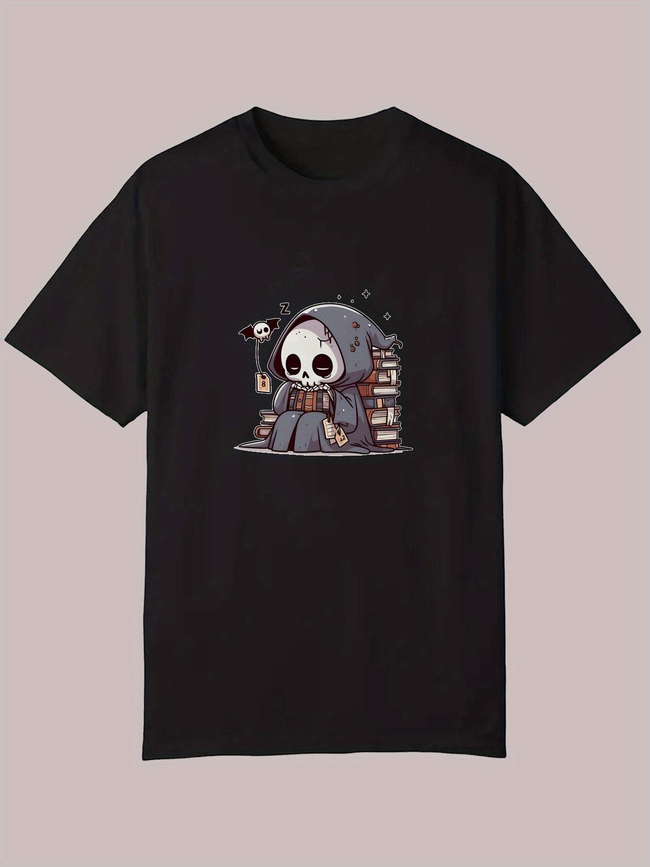 Summer Casual Graphic T-shirt - Black Round Neck Short Sleeve with Skeleton Wizard & Books Print XXL