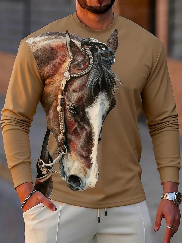Men's T-Shirt Running Horse Graphic 3D Print Fashion Long Sleeve Crew Neck Unisex Tee Shirt Casual Summer Personality Men's Top