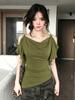 Human Cotton, Ruffle Leaf Edge Off-the-shoulder Swinging Collar T-shirt for Women's Summer Wear Temperament Spice Girl Style Waist and Thin Top