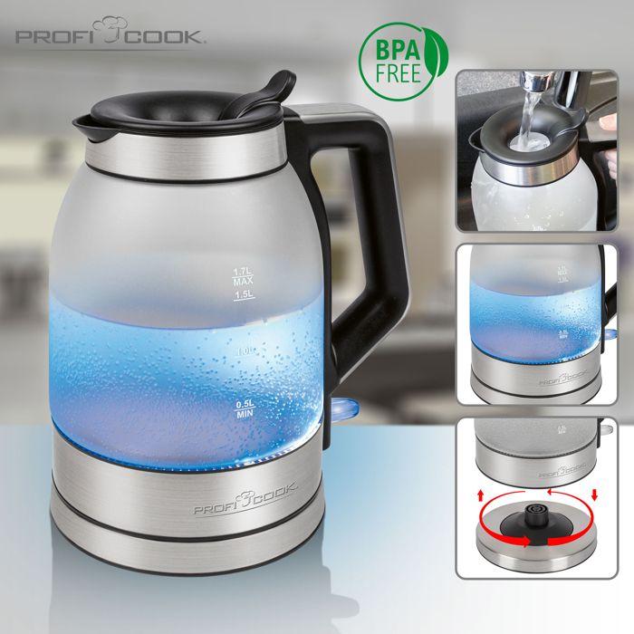 Bouilloire Électrique, Verre de 1,7 Litre, Récipient sans BPA, sans Fil, Éclairé Proficook WKS 1215G 2200W Argent 501215