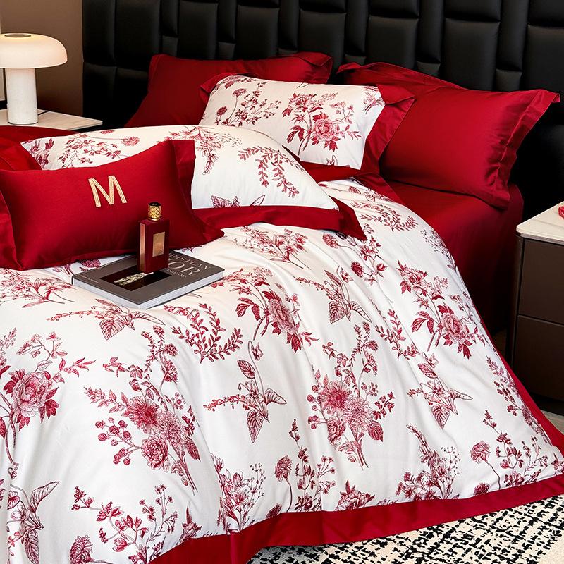 Light luxury wedding big red hollow cotton four-piece set high-count long-staple cotton wedding room happy quilt wedding bedding