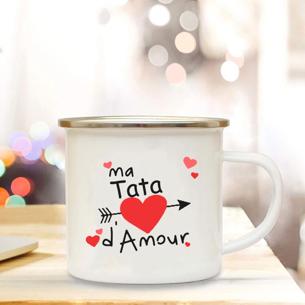 I Love Mom Dad Aunt Uncle Grandpa Grandma Print Enamel Mug Outdoor Water Coffee Cup Camping Mug Holiday Birthday Gift for Family