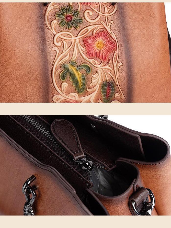 Johnature Všestranná kabelka Dámská kabelka z pravé kůže Vintage Ručně vyráběná embosovaná přírodní hovězí kůže Tašky přes rameno