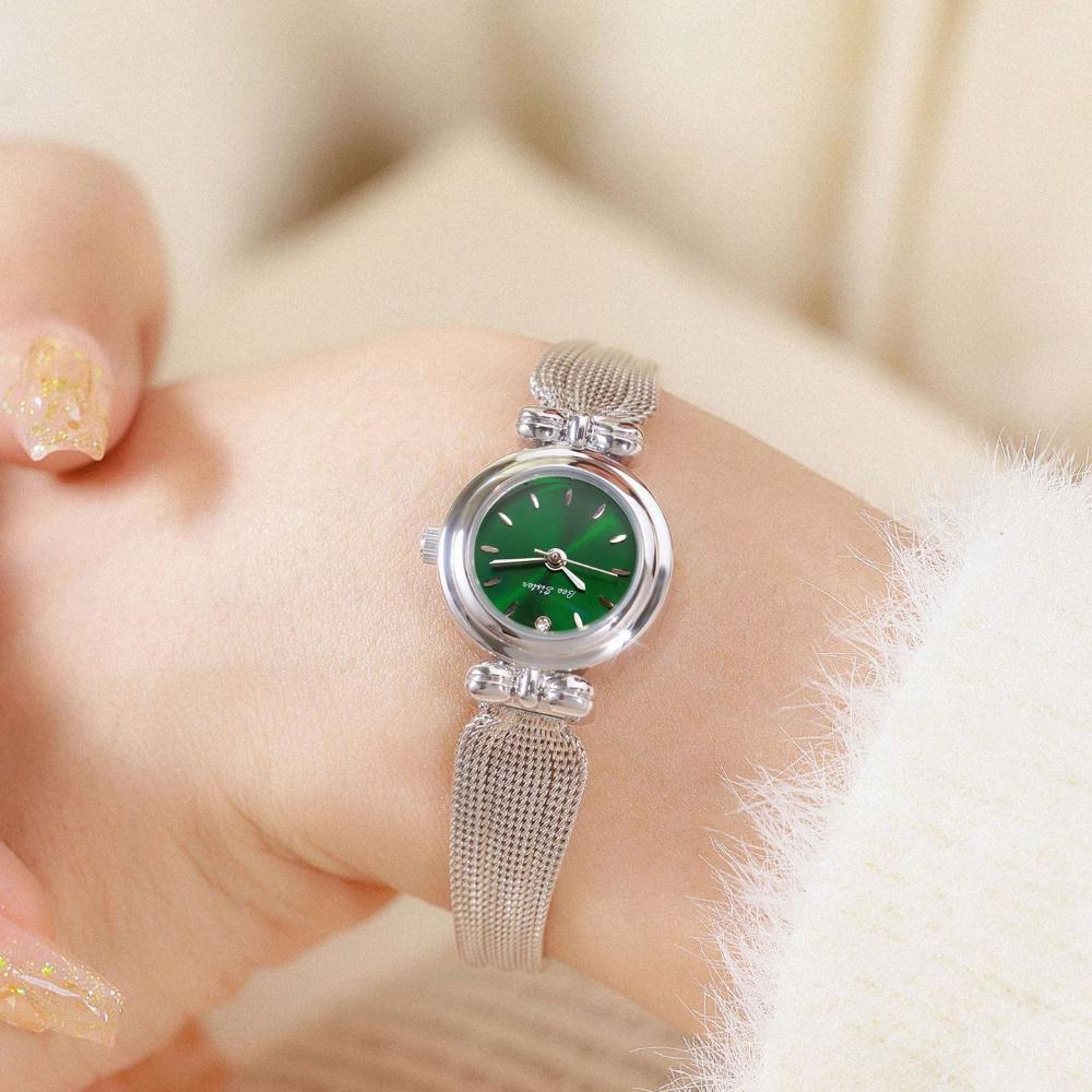 Mini Bowknot Mesh Band Women Quartz Watch, Small Round Dial Light Luxury Alloy Ladies Dress Wrist Watch with Shell Sunray Dial