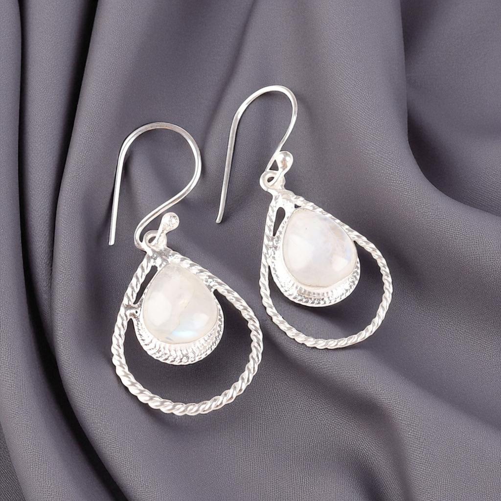 Regenbogenmondstein Edelstein 925 Sterlingsilber Schmuck Handgefertigte Ohrringe 1,70" EE-96-34