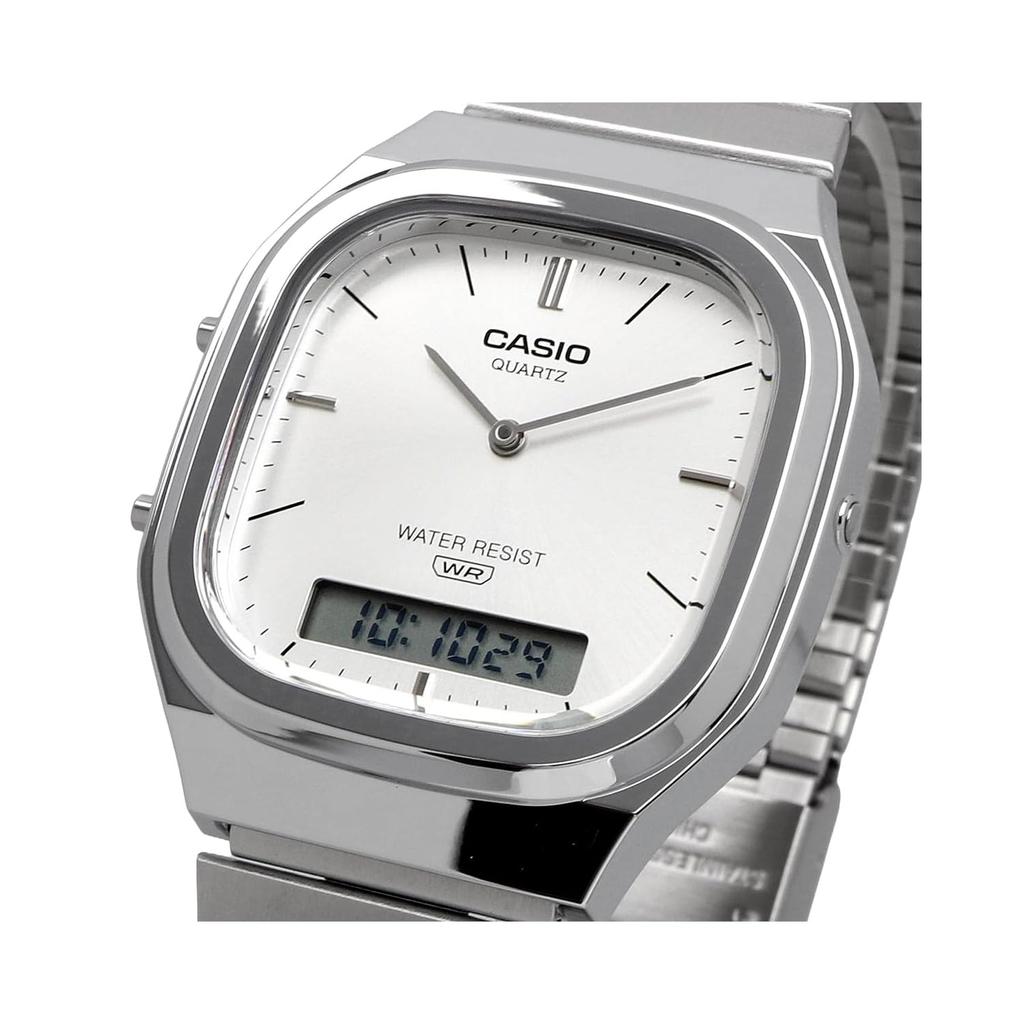 Casio Analog Digital ANA-DIGI Quartz Wristwatch Edgy Collection AQ-240 Series Overseas Model, Silver AQ-240E-7A, Bracelet Type