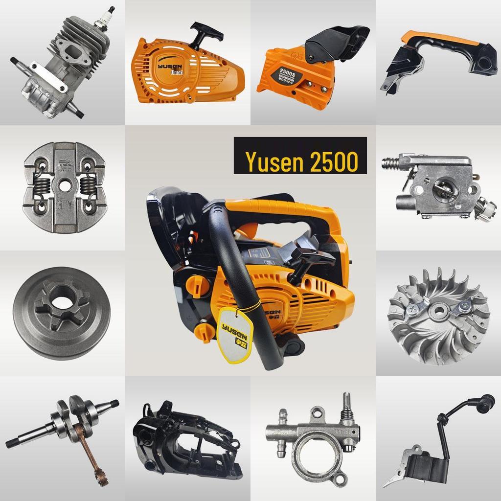 Yusen 2500S Chainsaw Parts: Cylinder, Brake, Pull Cord, Clutch, Air Filter, Carburetor.