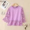 ZANZEA Women Casual Lace Crochet Splice 3/4 Sleeve Loose Blouse