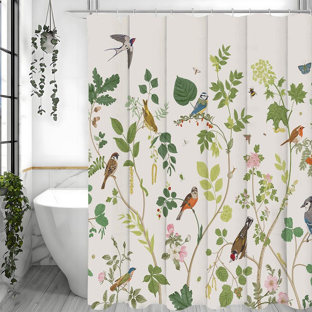 Větev stromu Zelený list Květina Pták Sprchový závěs, Koupelnový dekorativní sprchový závěs, Vodotěsný sprchový závěs s háčky