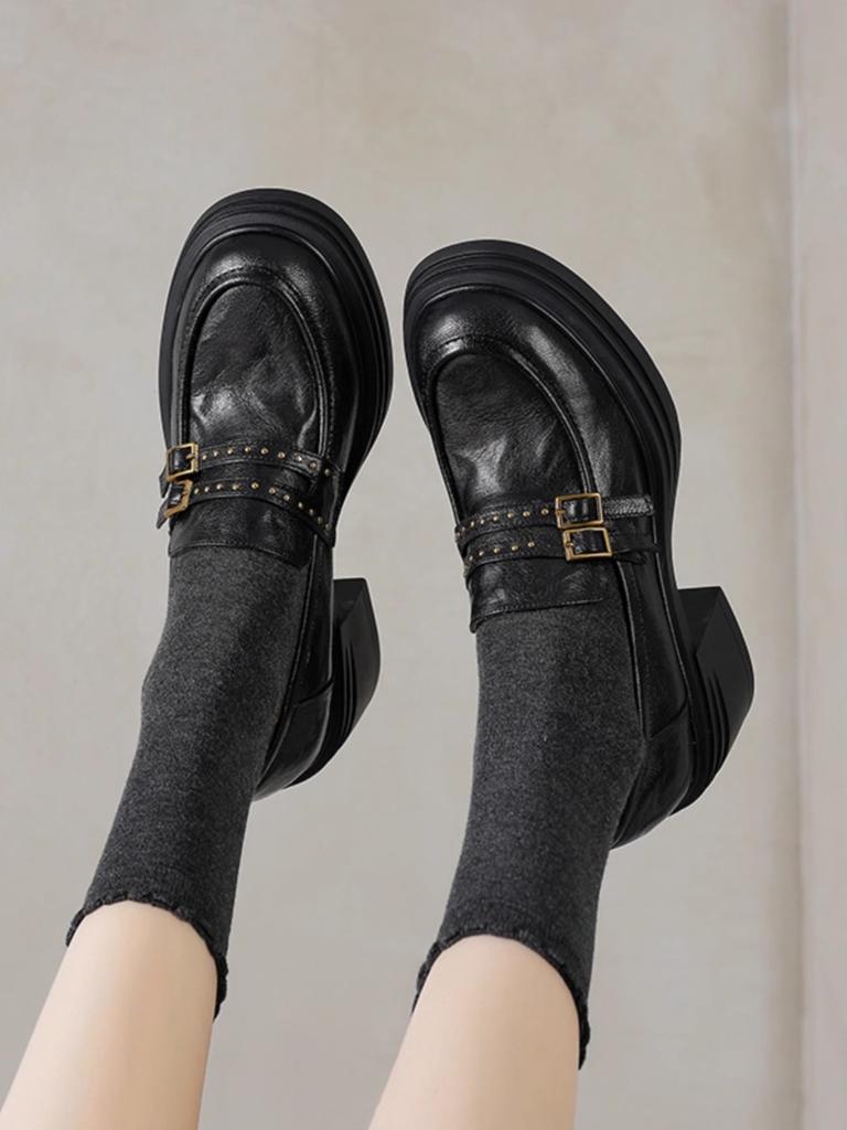 British style spring 2025 new loafers women's platform heightening small leather shoes rivet belt buckle sheepskin single shoes