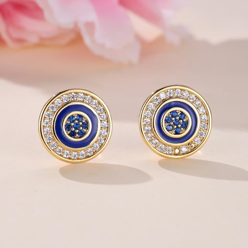 Vintage court style gold sapphire blue dripping oil micro-diamond round stud earrings