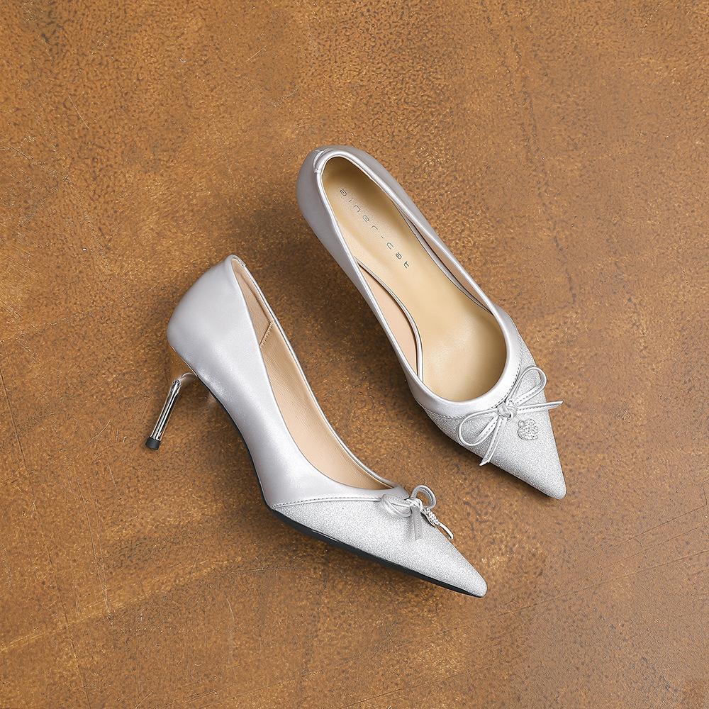 

78822 [sheepskin] silver high heels women s stiletto 2025 new pointed French light mouth bow single shoes 39