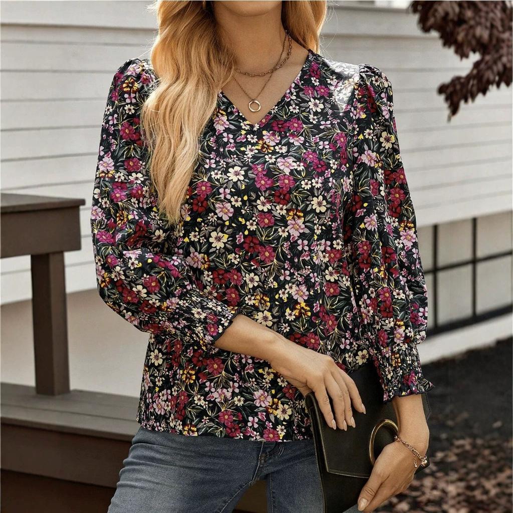European and American Floral Lantern Sleeve Top V-neck Loose Short Pastoral Commuting Floral Thin Retro Shirt
