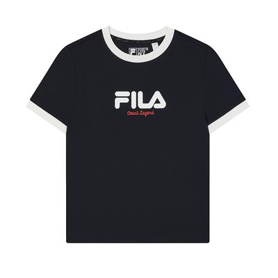 Fila Logo Print Color Block Tennis Casual Fashion Ribbed Crew Neck Short Sleeve T-Shirt Women Tops Legendary-Blue F11W339105FNV