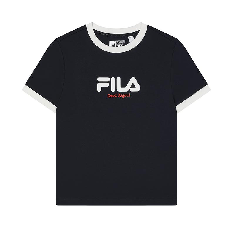 

FILA Logo Print Color Block Tennis Casual Fashion Ribbed Crew Neck Short Sleeve T-Shirt Women Tops Legendary-Blue F11W339105FNV XS