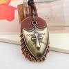 Retro Crusader Shield Metal Pendant Necklace with Genuine Leather Chain