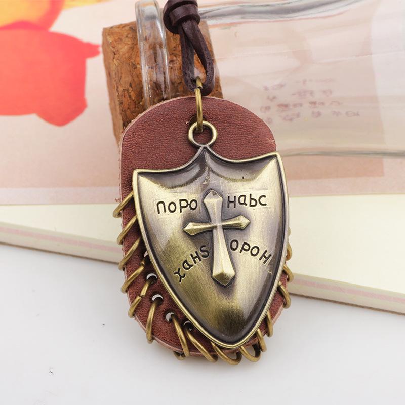 Retro Crusader Shield Metal Pendant Necklace with Genuine Leather Chain