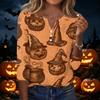 Women's Casual Halloween Print V Neck Button Three Quarter Sleeve T Shirt Top Lightweight Comfortable Fit for Seasonal Wear