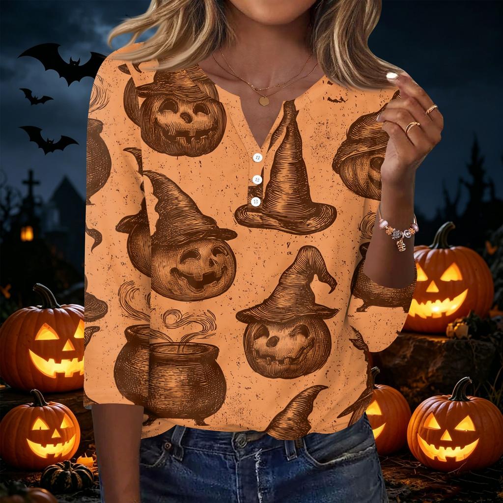 Women's Casual Halloween Print V Neck Button Three Quarter Sleeve T Shirt Top Lightweight Comfortable Fit for Seasonal Wear