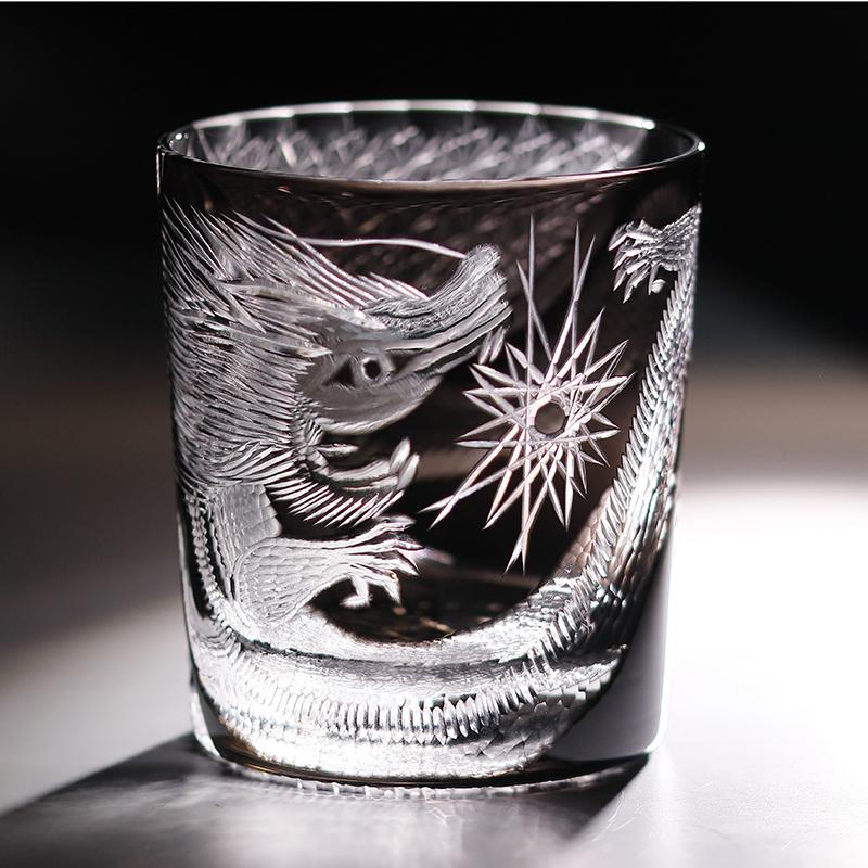 Handcrafts Edo Kiriko Grey Black Whiskey Glass Tumbler With Dragon And Phoenix Design Old Fashioned Glass For Prosperity 240ml-320ml