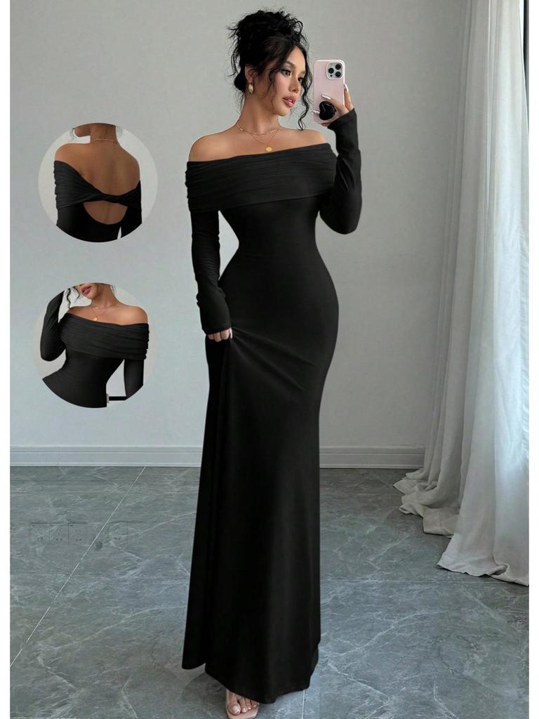 Elegant Women's Off-the-Shoulder Cross Backless Evening Gown