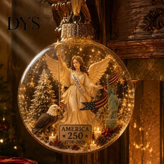 Reusable Party Ornaments 250th Anniversary USA Christmas Ornament, Light Up Plastic Clear Ball Hanging Decoration with Garden Wall Bell Train
