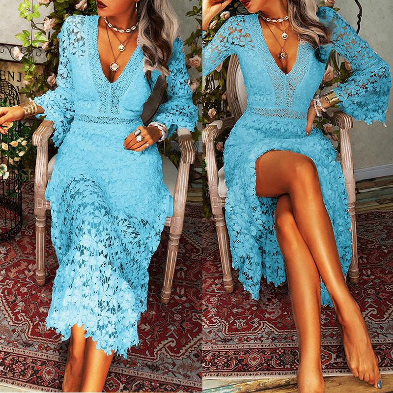 BITCED Jesień Seksowna Przezroczysta Koronka Długi Rękaw Dekolt V Duża Sukienka Rozkloszowana Długa Sukienka Kobiety