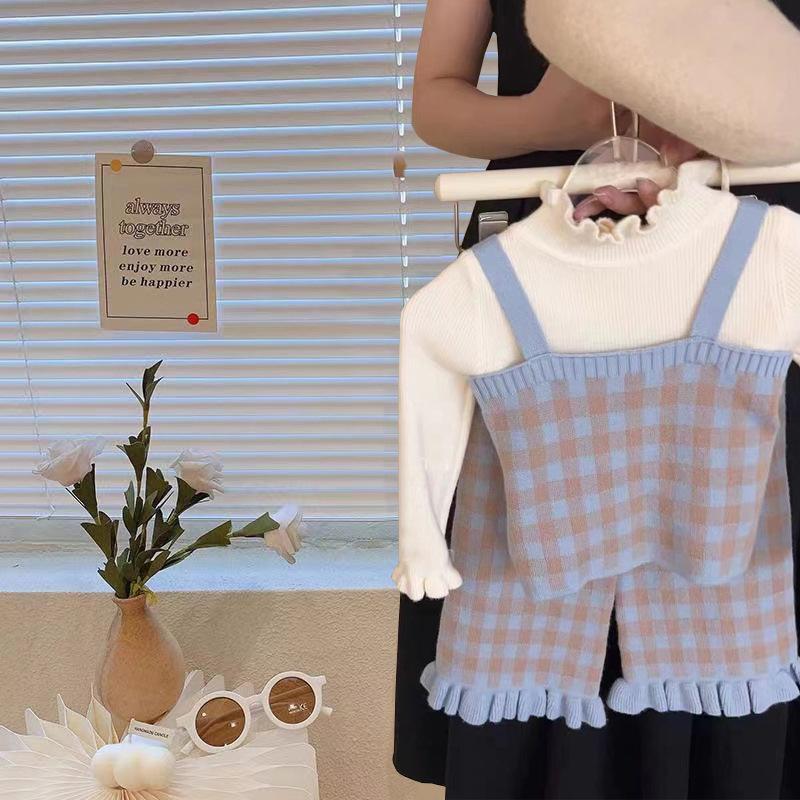Children Clothing Set Autumn Fresh Plaid Girl's Knitted Set Sweater Cardigan +Vest+Pant Sweet Three Piece Suit