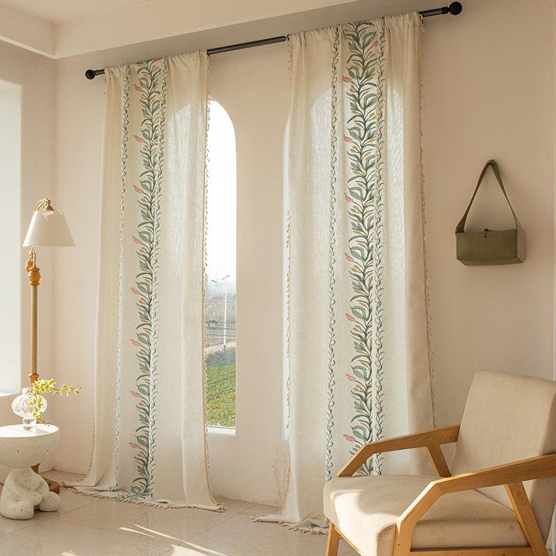 American Style Cotton Linen Fringe Embroidered Floral Semi Blackout Short Curtains for Living Room Bedroom Balcony Kitchen