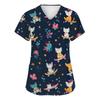 Women's Fashion Printed Short Sleeve V-Neck Top Small Pocket Work T-Shirt