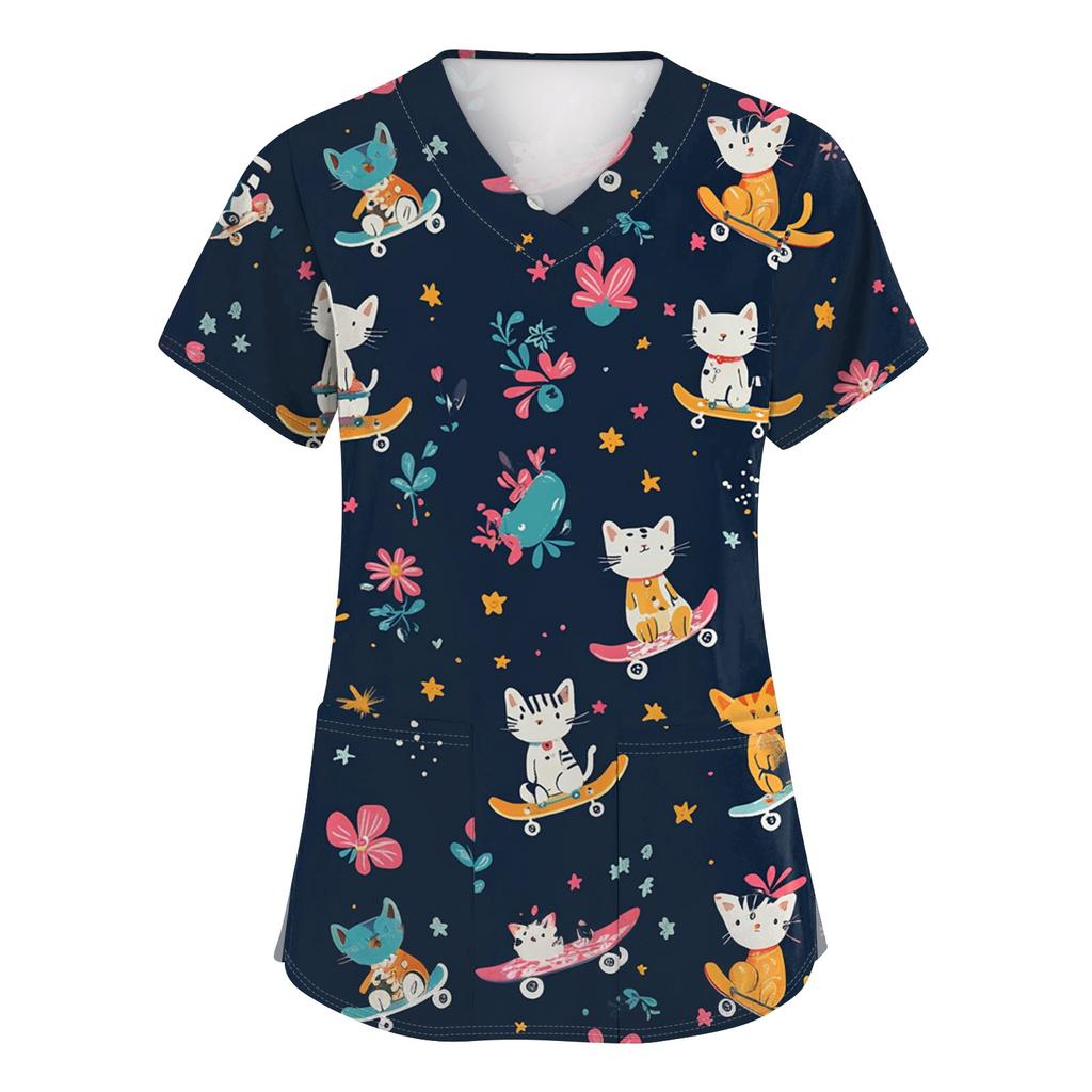 Women's Fashion Printed Short Sleeve V-Neck Top Small Pocket Work T-Shirt