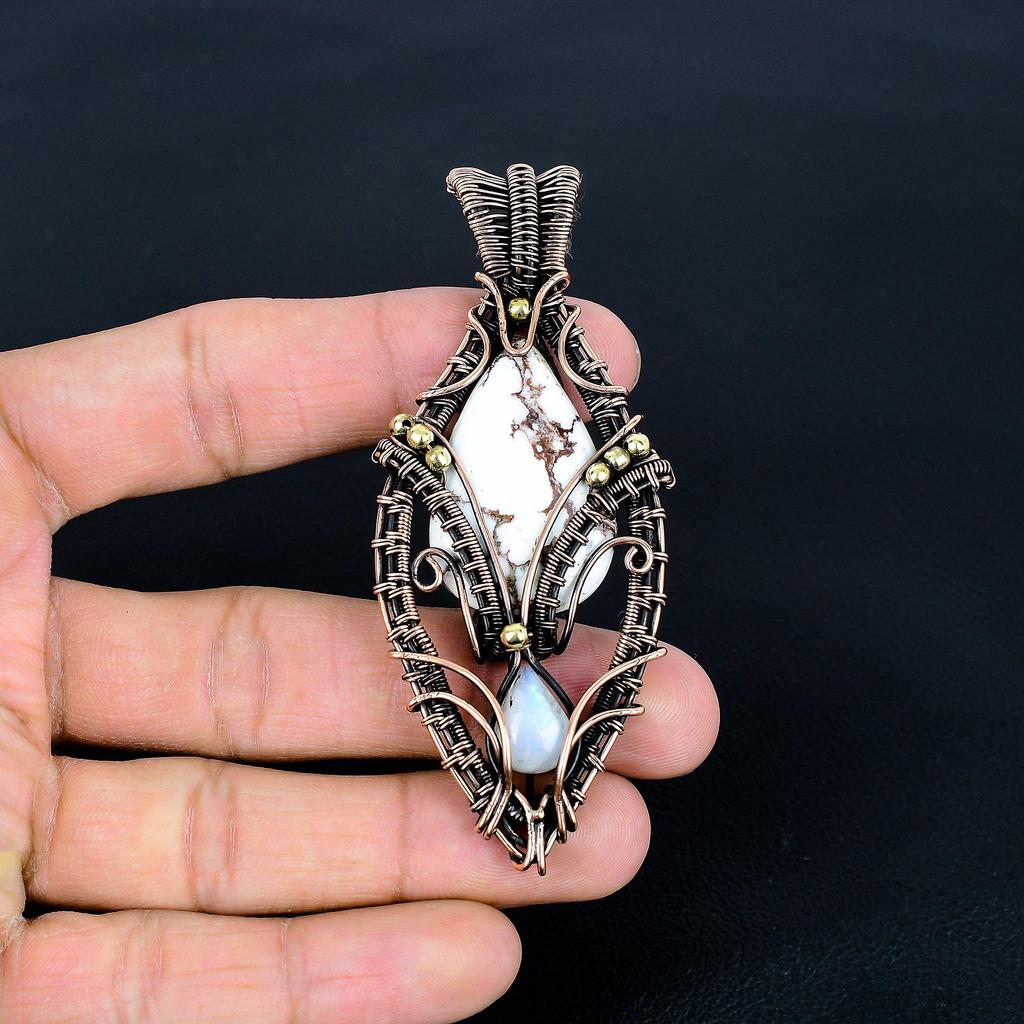 Wild Horse Jasper &  Moonstone Pendant, 999 Copper Wire Wrapped Gemstone Jewelry, Handmade Tree Of Life Pendant, For Thanksgiving