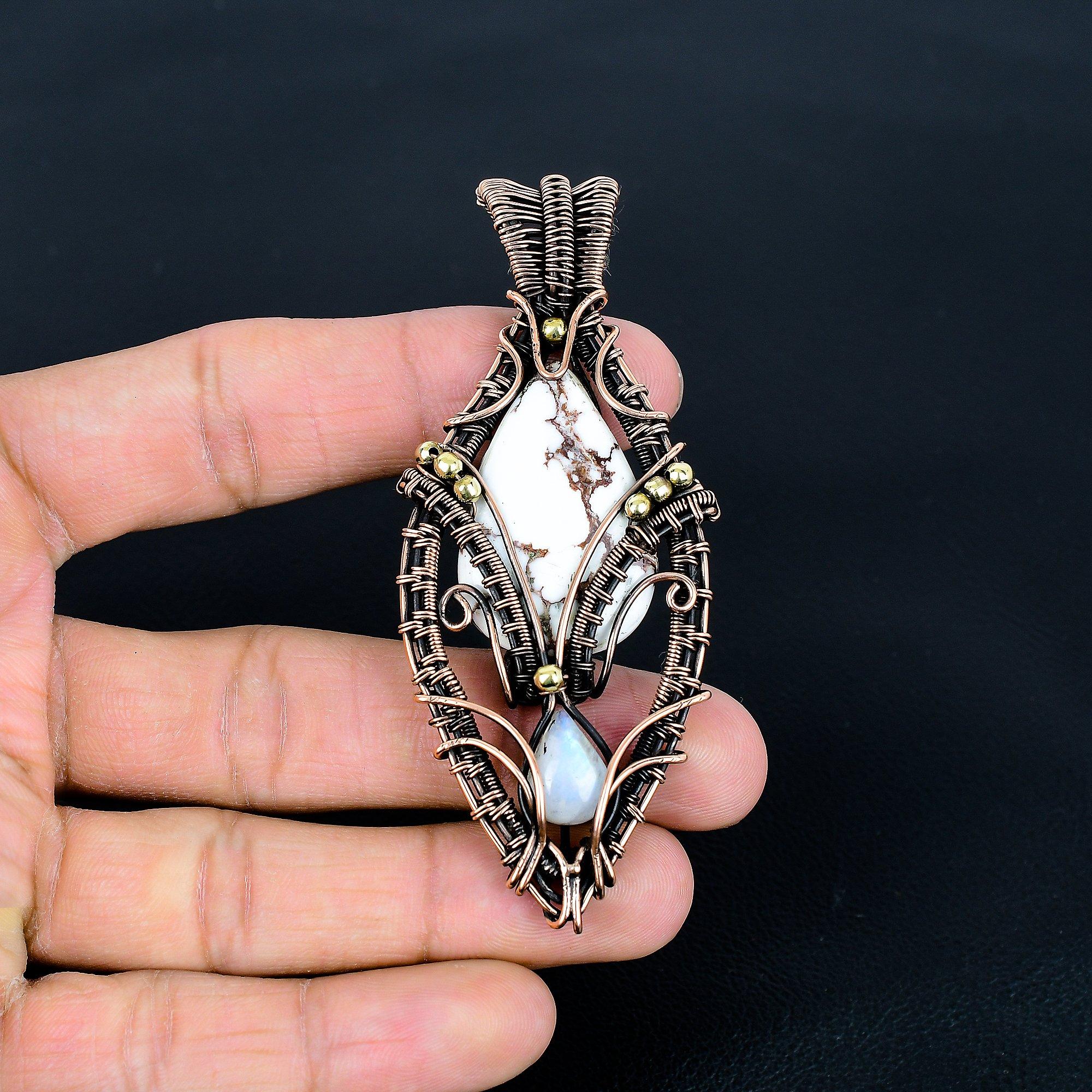 

Wild Horse Jasper & Moonstone Pendant, 999 Copper Wire Wrapped Gemstone Jewelry, Handmade Tree Of Life Pendant, For Thanksgiving 3.54 Inches