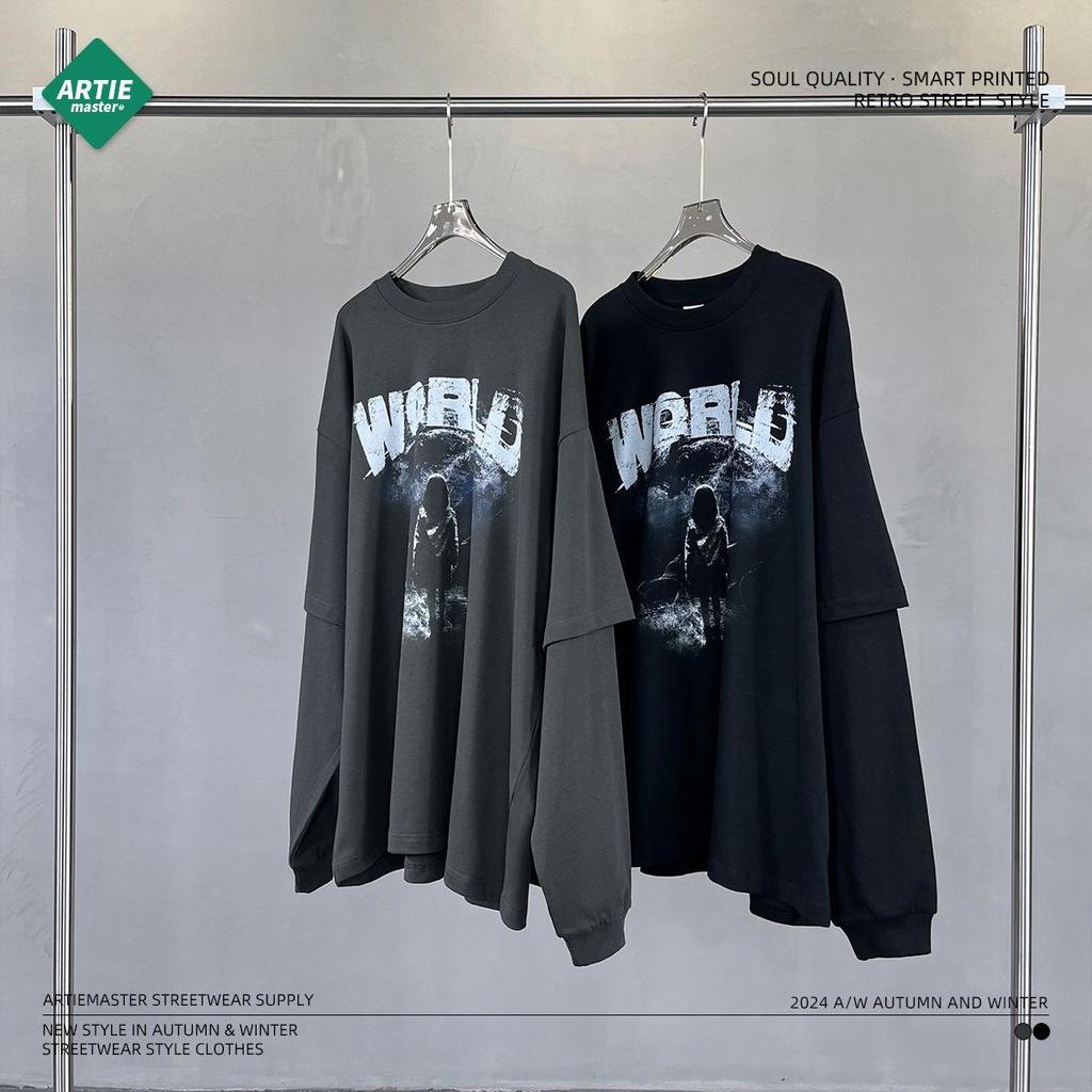 2024 Men's Fashion Long-Sleeve Digital Print Fake Two-Piece Loose Casual Shirt