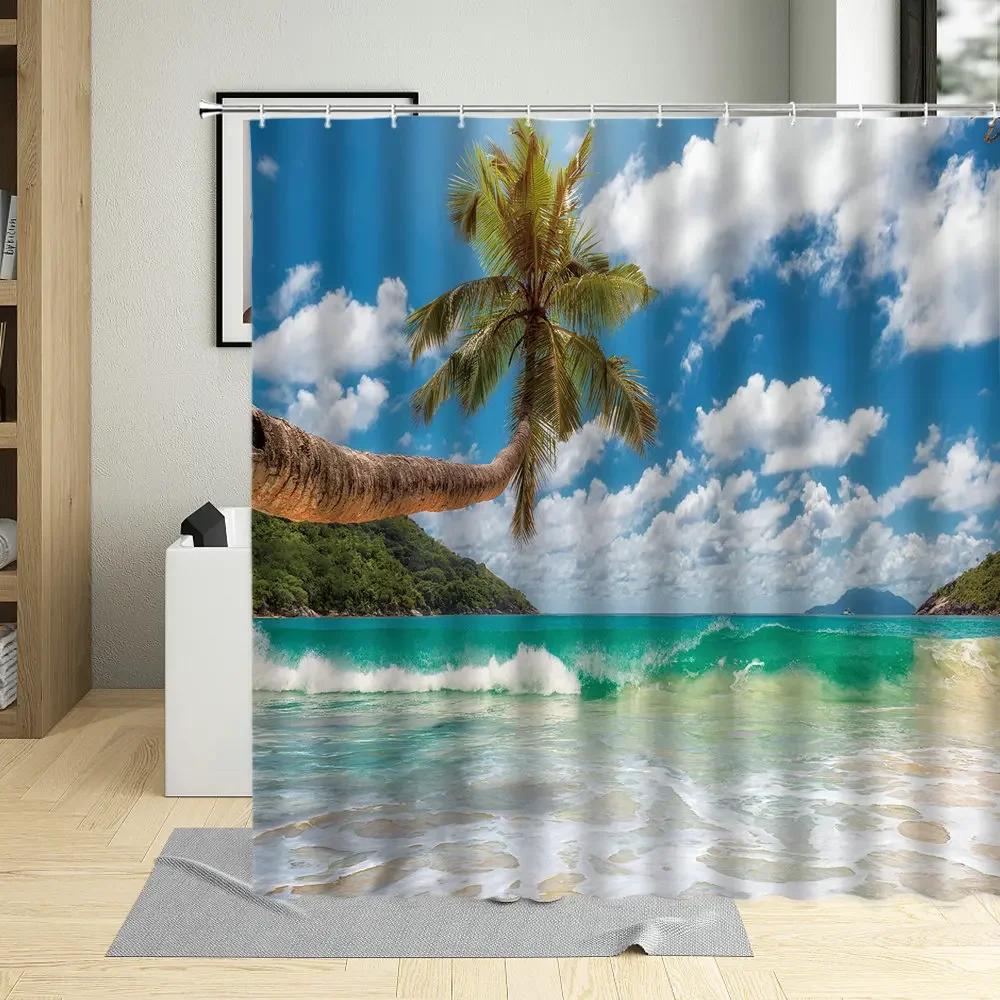 Flower Plant Landscape Shower Curtain Cherry Blossom Waterfall Green Forest Manor Arch Bridge Ocean Scenery Bathroom Curtain Set