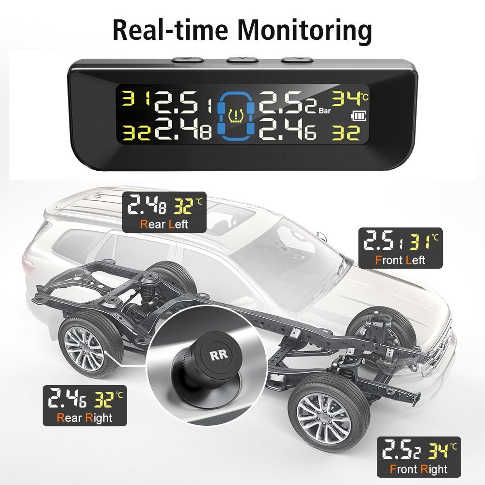 Car Tire Pressure Monitoring System TPMS Solar/USB Powered Real Time Monitor Digital LCD Display Auto Security Alarm Systems