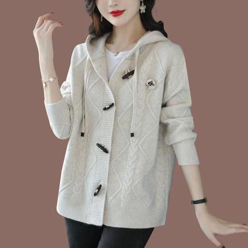 Corner buckle knitted cardigan women's early autumn new autumn and winter thickened lazy loose top sweater women